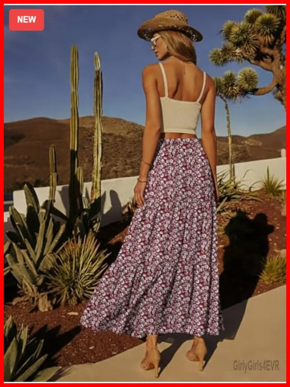 Women's Tiered Maxi Skirt 100% Polyester Flowy A-Line Elastic High Waist